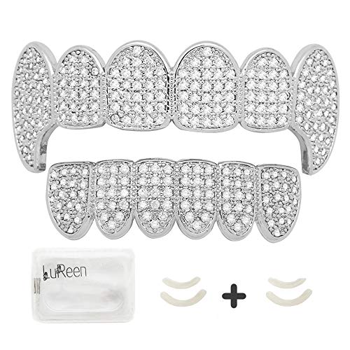 LuReen Silver Teeth Grillz Pave CZ Vampire Fangs Grillz for You Teeth with 4 Silicon Molding Bars(2 Extra)
