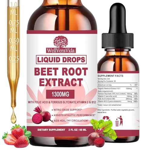 BeetRoot Supplement Organic Beet Root Extract Drops W/Iron Folic Acid Vitamin B12 & C for Nitric Oxide Production & Healthy Blood Pressure Superior Liquid to Beet root Capsules or PowderSugar Free