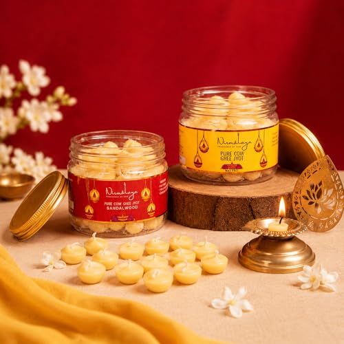 Image of Nirmalaya Premium Pure Classic & Sandalwood Cow Ghee Jyot for Pooja Diya| 30 Min Burn Time | Rich Aroma | Ideal for Puja, Aarti, Festive, Home Fragrance | Ready to Use |Total 100 Battis