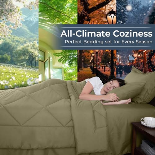 HEVUMYI Olive Green Full Comforter Set - 7-Piece All Season Bed in a Bag Full, Ultra Soft Bedding Set with Comforter, Flat Sheet, Fitted Sheet, Pillowcases, Pillow Shams, Olive Green
