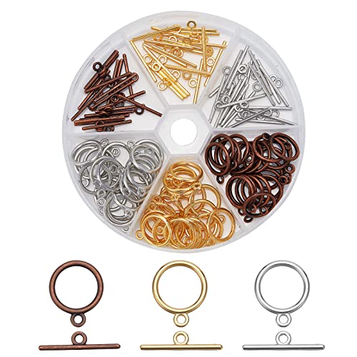 PH PandaHall 60 Sets Toggle Clasps, 3 Color Jewelry Closure Clasp IQ Toggle Clasps Round Fastener Hook Connectors TBar End Clasp for Necklace Bracelet Jewelry Making