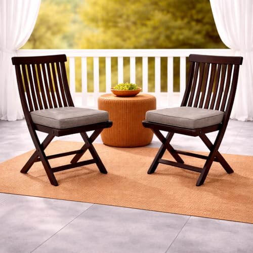 Image of WELL KNOWN Set of 2 Wooden Folding Chairs with Cushion Seat | Walnut Finish Solid Wood Patio & Balcony Chairs | Space Saving Indoor Outdoor Furniture (Grey Cushion)