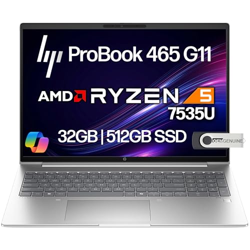 HP ProBook 465 460 G11   Laptop de negocios con pantalla FHD+ de 40.6 cm, AMD Ryzen 5 7535U, 32GB DDR5 RAM, 512GB NVMe, Wi Fi 6E, RJ 45, cámara web, teclado retroiluminado, Win 11 Pro, plástico