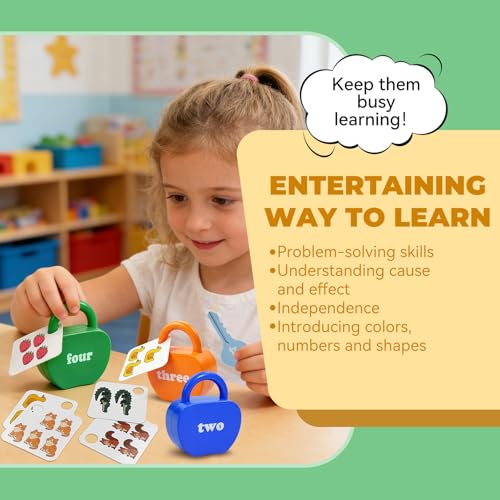 Image of GEERAY Cause and Effect Toys for Toddlers 3 4 5, Montessori Lock & Key Set with 5 Apple-Shaped Locks, Keys & 10 Cards - Numbers Matching & Counting, Preschool Learning Games Gifts