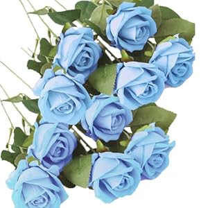 10 Pieces Light Blue Artificial Flowers Blue Rose Flower Fake Roses Bouquet for Valentine’s Day Birthday Party Wedding Engagement Home Dinning Table Decoration (Light Blue, 10 PCS)