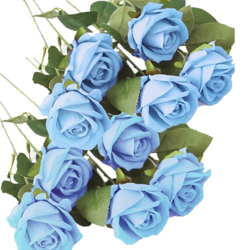 10 Pieces Light Blue Artificial Flowers Blue Rose Flower Fake Roses Bouquet for Valentine’s Day Birthday Party Wedding Engagement Home Dinning Table Decoration (Light Blue, 10 PCS)