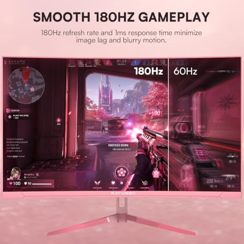 Image of Raywego 27 Inch Pink Curved Gaming Monitor for Desk Setup, 180Hz FHD 1080P Computer Monitor, 1500R Curved Display, FreeSync, HDR10, Home Office, Streaming & Content Creation
