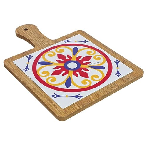 DLM-A349 Bomboniera utile Sottopentola Tagliere Quadrato in Legno e Ceramica decori maioliche cm 28x19 decorazioni artigianali con scatola Matrimonio Comunione Cresima Battesimo 18 Compleanno