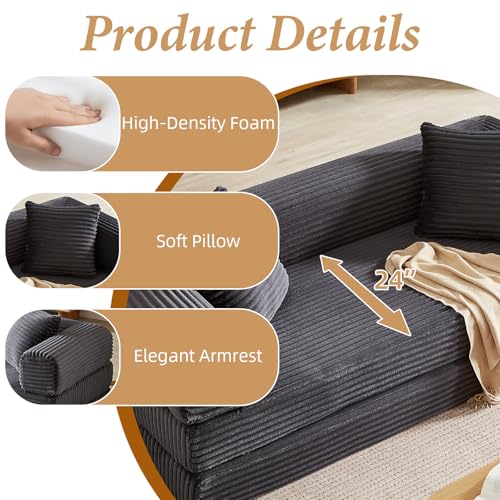 Image of 78 Inch Convertible Futon Sofa Bed,Folding Boneless Couches with Sleeper Sofa,Fold Out Floor Sofa Couch with Deep Seat,Cloud Corduroy Foldable Mattress Couch for Living Room (Dark Grey)