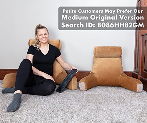 Image of Husband Pillow XXL Tan Backrest with Arms - Adult Reading Pillow Shredded Memory Foam, Ultra-Comfy Removable Microplush Cover & Detachable Neck Roll, Unmatched Support for Bed Rest Sit Up Pillow