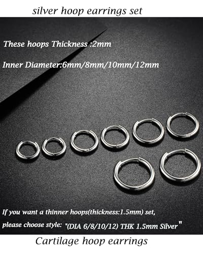 316L Surgical Stainless Steel Huggie Hoop Earrings 6mm 8mm 10mm 11mm 12mm 14mm Hypoallergenic Earrings Hoop Cartilage Helix Lobes Hinged Sleeper Earrings For Men Women