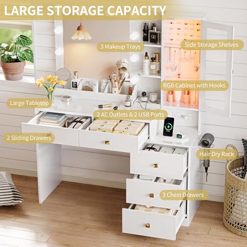 Image of Xixini Vanity Desk with Mirror and Lights, Makeup Vanity Table Set with 5 Storage Drawers, Power Outlet, Small Dressing Table with RGB Ambient Light, Adjustable Brightness for Girls Bedroom, White