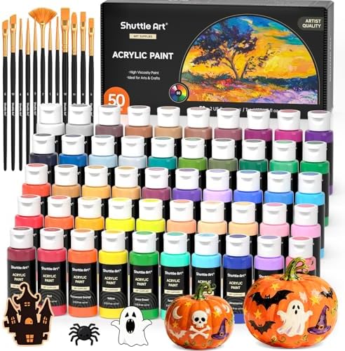 Shuttle Art Acrylic Paint, 50 Colors Acrylic Paint Set, 2oz/60ml Bottles, Rich Pigments, Water Proof, Premium for Artists, Beginners and Kids on Canvas Rocks Wood Ceramic Fabric