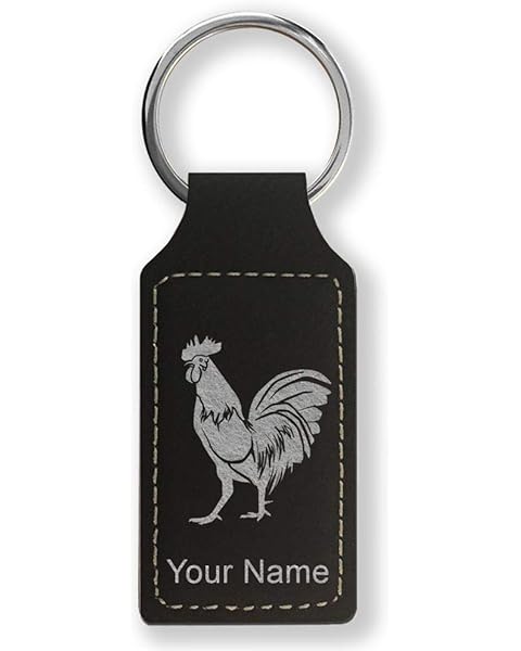 LaserGram Rectangle Keychain, Rooster, Personalized Engraving Included (Black with Silver)
