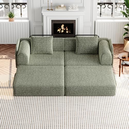 Yihomfy Canape Convertible 2 Places en Chenille, Canapé Lit Pliant avec Compartiment de Rangement dans l'Accoudoir, Canapé Modulable Structures Métalliques, DIY Libre (Vert-2)