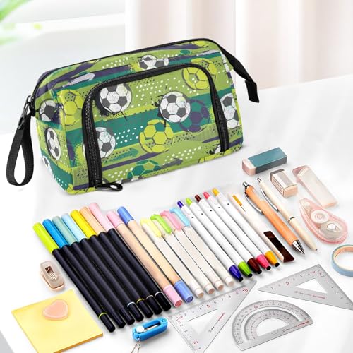 Image of Ball Soccer Green Print Pencil Case Pouch Big Capacity Pencil Bag Box Organizer Pen Case with Compartmens Stationery Organizer for Girls Boys Women School College Office