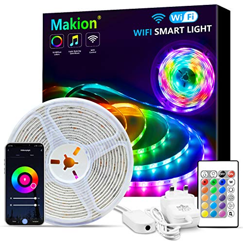 Makion Alexa WiFi LED Strip Lights with Remote,5M/16.4Ft Smart RGB 5050 Color Changing APP Controlled,Music Sync Lighting Strip for Home Bedroom,Work with Alexa,Google Assistant [Energy Class A++]