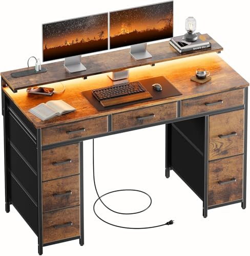 HLDIRECT 47 inch Computer Desk with 8 Storage Drawers, Gaming Desk with LED Lights & USB Power Outlets, Home Office Table with Monitor Stand, Study Writing Work Table for Bedroom, Rustic Brown