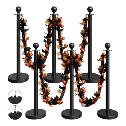 Image of 6 Pack Halloween Black Stanchions and Velvet Ropes Set, Stainless Steel Crowd Control Barriers, 4Pcs Black Ropes and Poles for Party Supplies,Photobooth Accessories, Prom,Halloween Decorations