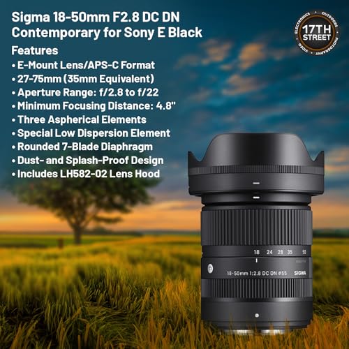 Sigma 18-50mm F2.8 DC DN Contemporary Lens for Sony E-Mount with Tiffen 55mm UV Protector Filter, SanDisk 128GB Extreme PRO UHS-I SDXC Memory Card and Waith Camera Backpack (Bundle Set)