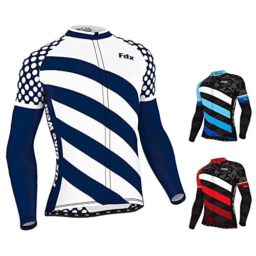 FDX Maillot de ciclismo clásico para hombre, transpirable, manga larga, cremallera completa, camiseta térmica de ciclismo con bolsillos traseros, ropa deportiva para correr, bicicleta de montaña