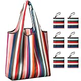 Reusable Grocery Shopping Bags Foldable with Pouch, Heavy Duty Nylon Cloth Reusable Bags for Groceries, Shopping Trip (Stripe, 6-pcs)