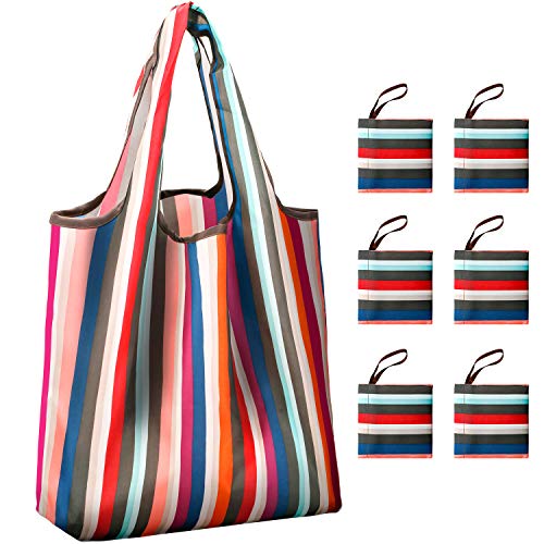 Reusable Grocery Shopping Bags Foldable with Pouch, Heavy Duty Nylon Cloth Reusable Bags for Groceries, Shopping Trip (Stripe, 6-pcs)