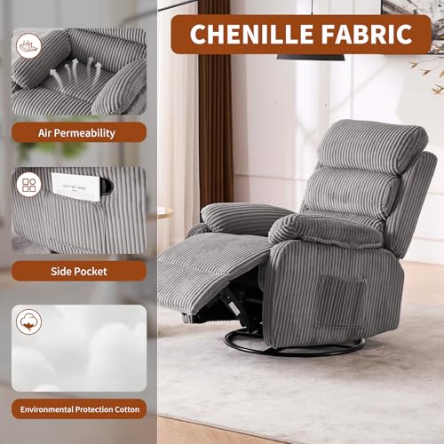 Image of Premium Velvet 360 Swivel Rocker Recliner with Extended Footrest - High Back Glider Chair for Nursery, Living Room & Small Spaces, Featuring Padded Armrests and Handy Side Pocket, Grey