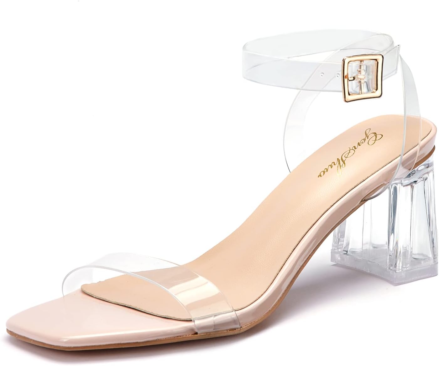 GENSHUO Clear Chunky Block Heels for Women Transparent Square Toe Ankle Strap Sandals 4 Inch Open Toe Strappy High Heeld Dress Party Holiday Shoes