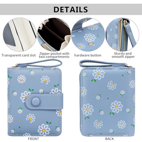 Image of Farcauo Womens Wallet Cute Small Wallets for Women Blue Women's Wallet Kawaii Flower Card Wallets for Women Ladies