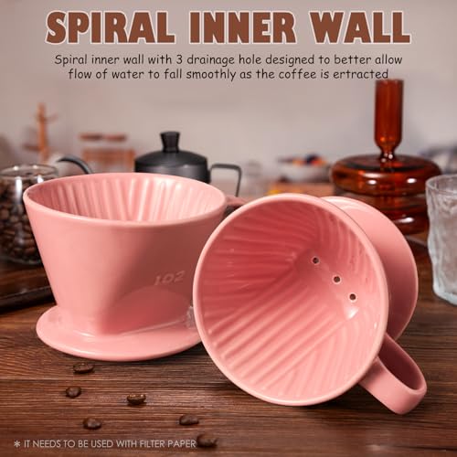 Image of Pour Over Coffee Dripper, Ceramic Pour Over Coffee Maker, Pink | 3 Holes Flat Bottom, Easy Manual Brew Maker, Porcelain Slow Filter Cone for Travel, Camping, Office, Home