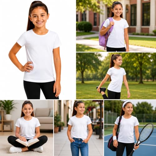 Image of Rene Rofe Girls Undershirts - 6 Pack Soft Cotton Tag Free Crew Neck Short Sleeve Shirts Girls T Shirts for School and Play