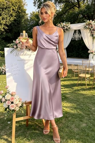 Image of Women's Summer Satin Dress Elegant Cowl Neck Adjustable Spaghetti Strap Wedding Guest Cocktail Party Maxi Dresses