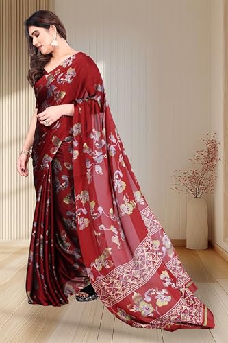 Image of SUPERLAXMI Women's Chiffon Floral Printed Saree with Blouse Piece