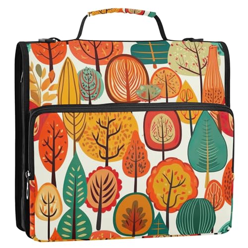 3リングバインダー 1.5インチ Dリング 水彩画 秋の森の木 秋 ジップアップバインダー オーガナイザー スクールバインダーバッグ ショルダーストラップ付き ワークポートフォリオ&ケースリングフォルダーホルダー