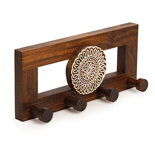 Image of ExclusiveLane 'Floral' Sheesham Wooden Key Holder for Home Decor Stylish (4 Hooks, Hand-Crafted, Brown)| Key Hangers for Wall Key Holder Stand Key Stand for Wall Key Chain Holder