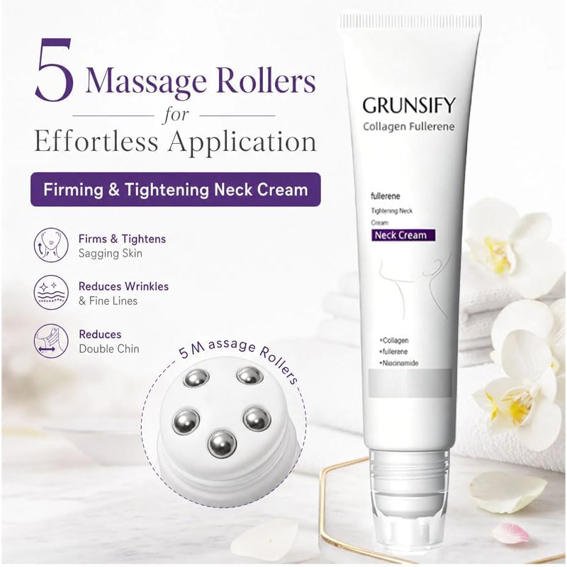 Image of Grunsify Collagen Fullerene Neck Cream With Roller, Magic Collagen Fullerene Neck Cream, Firming & Tightening With Collagen Peptides, Retinol & Hyaluronic Acid, Reduces Wrinkles & Double Chin