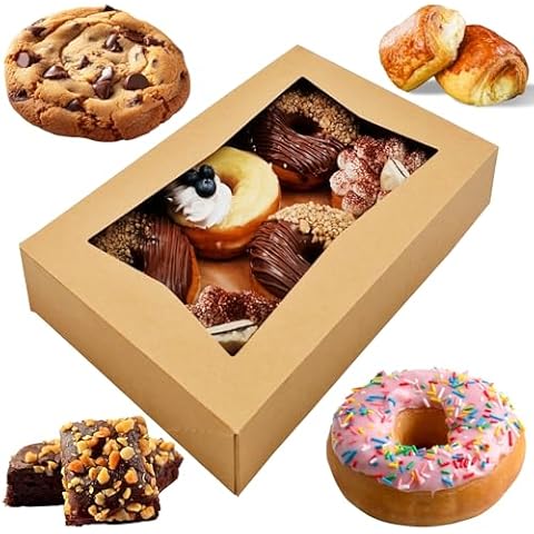 BAKELUV 12x8x2.5 Bakery Boxes with Window (Brown, 25 Pack) Half Dozen Donut Boxes 6 Count, Pastry Boxes, Large, Cookie Boxes, Dessert Boxes Packaging for Gift Giving, Auto Pop Up Cover