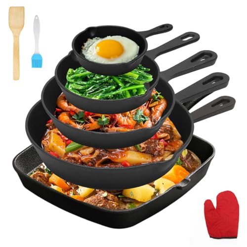 La mejor selección de Sartenes de hierro fundido en mexico que puedes comprar esta semana. 46 Juego de 5 Sartenes de Hierro Fundido, Sartenes Antiadherentes de 10-24cm, Cast Iron Skillet con Espátula y Guantes, Para Cocinar en Estufa, Horno, Asador, Fuego Directo