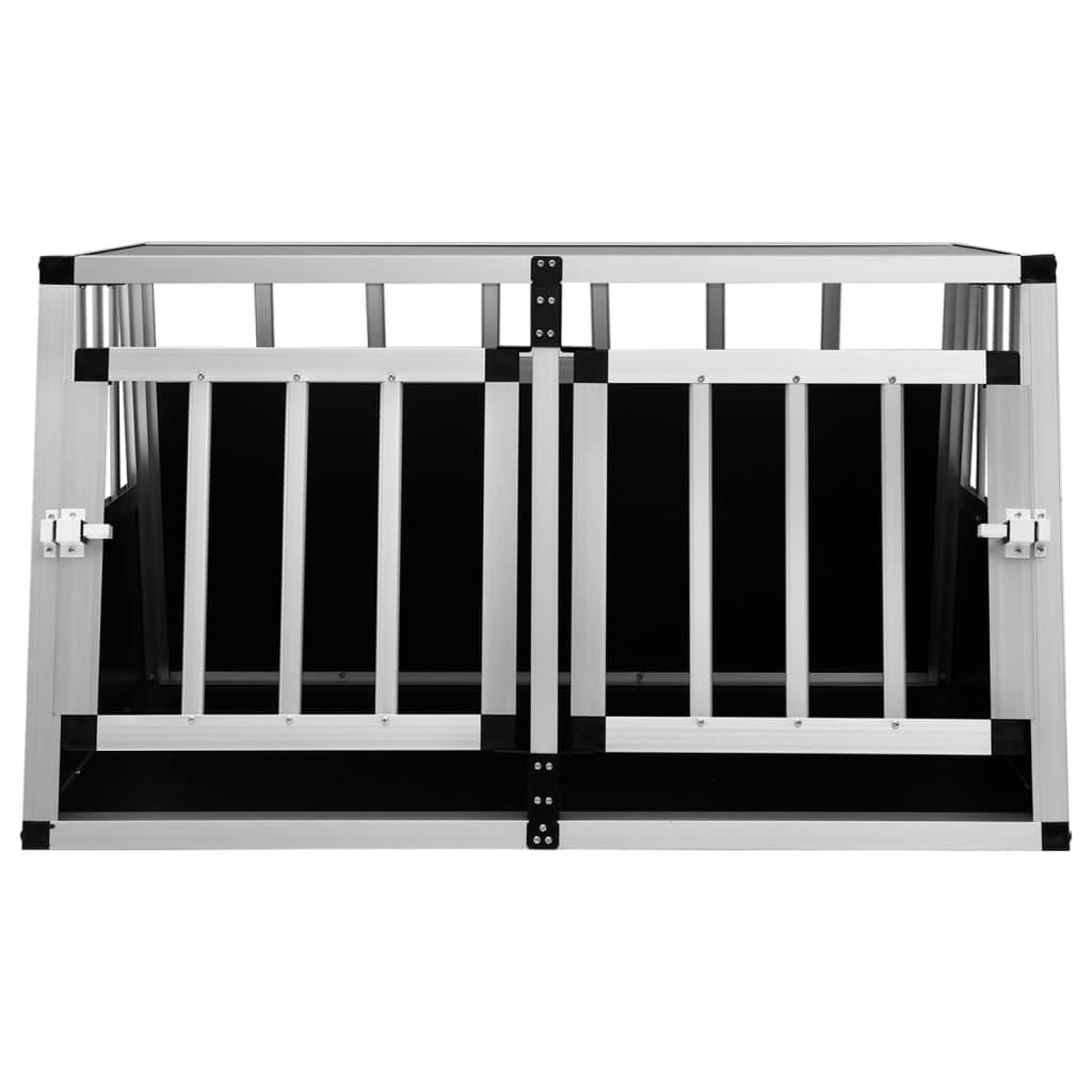 Hundetransportbox mit Doppeltür, Aluminium und MDF, 89 x 69 x 50 cm, Silber, leicht für Kofferraum, Belüftung und sichere Fahrt für mittelgroße Hunde im Auto