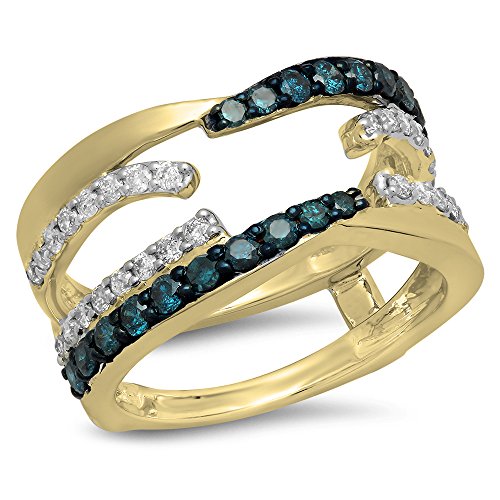 Dazzlingrock Collection 0.90 Carat (ctw) Round White & Blue Diamond Ladies Wedding Guard Double Band, 14K Yellow Gold, Size 8.5