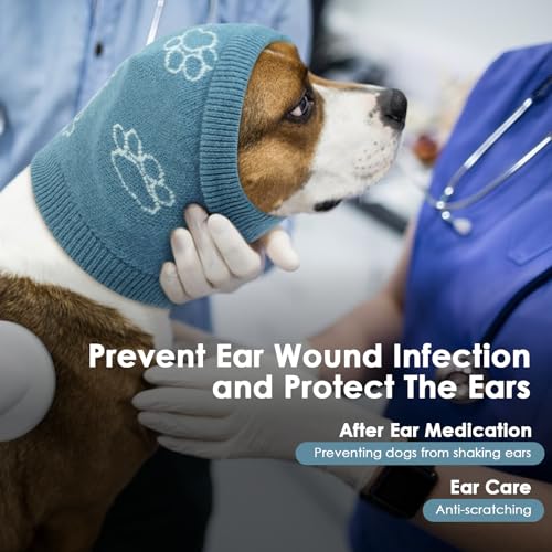 Katzinst Hunde Gehörschutz, Elastische Strick Ohrenpflege Hundemütze für Kleine Hunde,Geräuschreduzierung, Angstlinderung,Schütze die Wunde,Spaziergang,Hund Ohrenpflege,Blau,S