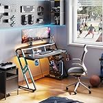 MOTPK Gaming Desk with Power Outlet & LED Lights, Computer Desk 48 Inch with PC Storage Shelf, Gaming Table with Carbon Fiber Texture, Gamer Desk, Gift for Boys Men, Black - Image 2