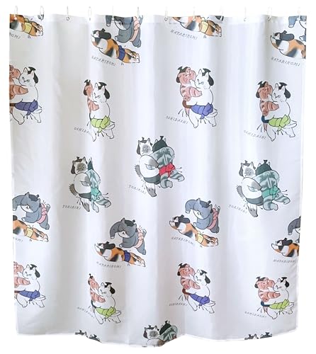 TOKYO ART Chubby Cat Sumo Wrestlers Shower Curtain Liner - Adorable Japanese Sumo Cats Design, 71 x 71 inches (Kimalite)