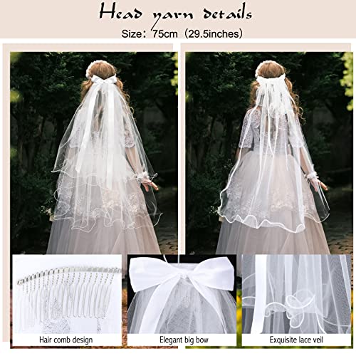 Rtteri 6 Pcs First Communion Veil Gifts for Girls Catholic White Wreath Bow and Floral Veil Headpiece Accessories Set with White Satin Gloves Cross Beads Bracelet for Kids Dress up Wedding3