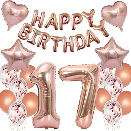 Ballon 17e anniversaire déco fille Or rose Ballon à feuille 17 ans déco anniversaire Happy Birthday 17 ans déco fille Or rose Déco anniversaire 17 ans déco fille Cover