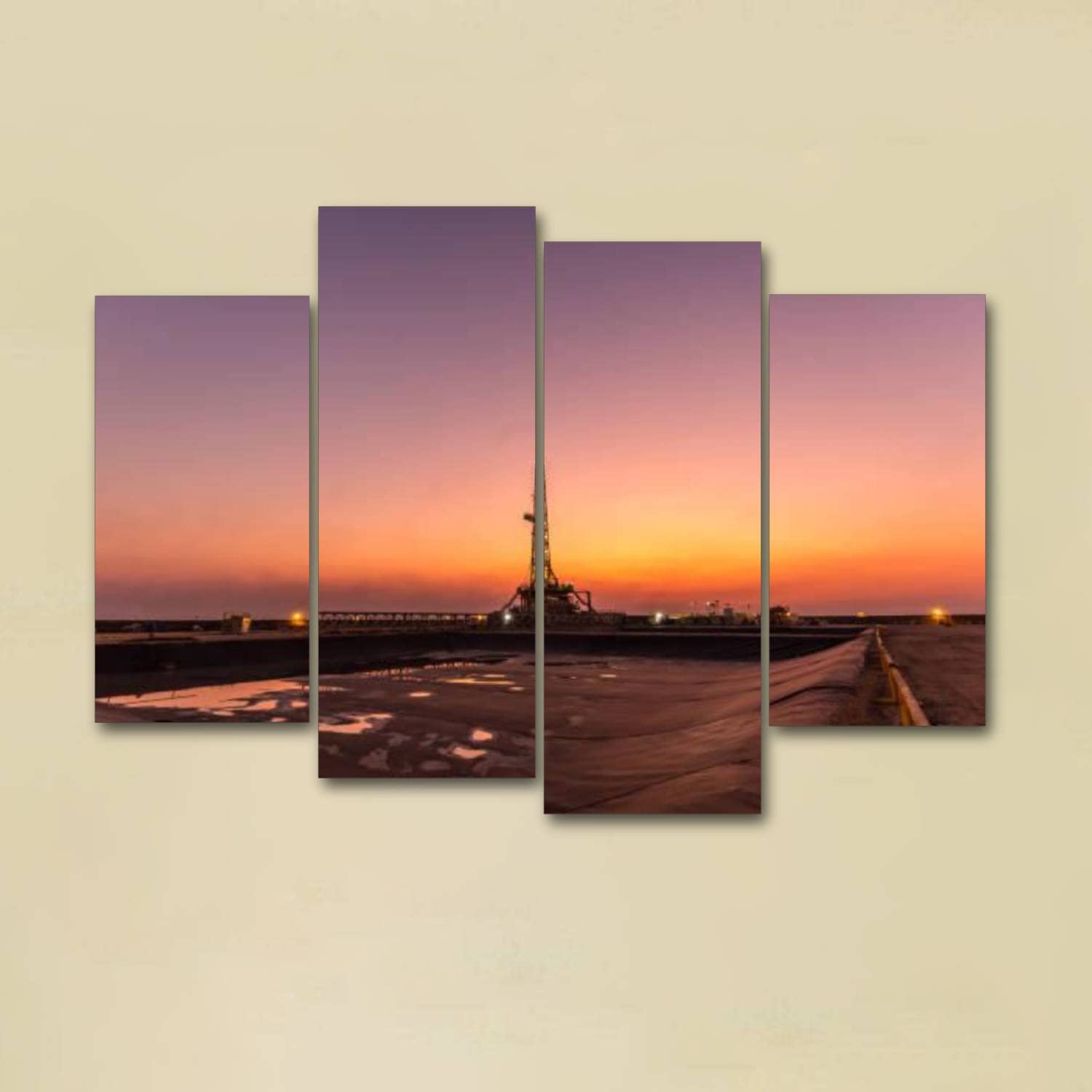 Canvas Print Artwork Oil fracking rig at sunset Wall Art Pictures Framed Digital Print Abstract Painting Room Home Office Decor Ready to Hang - 4 Panel
