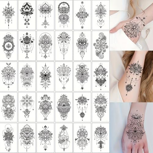 S.A.V.I 30 PCS Temporary Tattoos for Women & Girls – 9.7x5.7cm Black Mandala Mehndi Designs | Safe Non-Toxic Waterproof Body Art Stickers for Hand, Arm, Back, Foot | Floral & Boho Style (09)