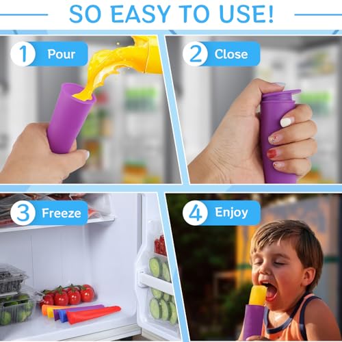 12 PCS Ice Lolly Moulds Silicone, Colourful Popsicle Mould with Lids, Ice Pop Moulds with Cleaning Brush and Folding Funnel, Reusable Ice Cream Moulds for Chocolate, Ice Pops - Image 5