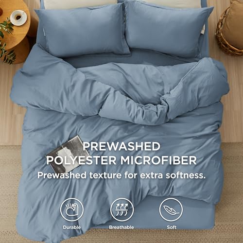 Image of Bedsure Duvet Cover Queen Size with Fitted Sheet - 4 Pieces Prewashed Cotton-Like Polyester Extra Soft Bedding Set, Includes 1 Duvet Cover 90x90 Inches, 2 Pillow Shams, 1 Fitted Sheet, Mineral Blue
